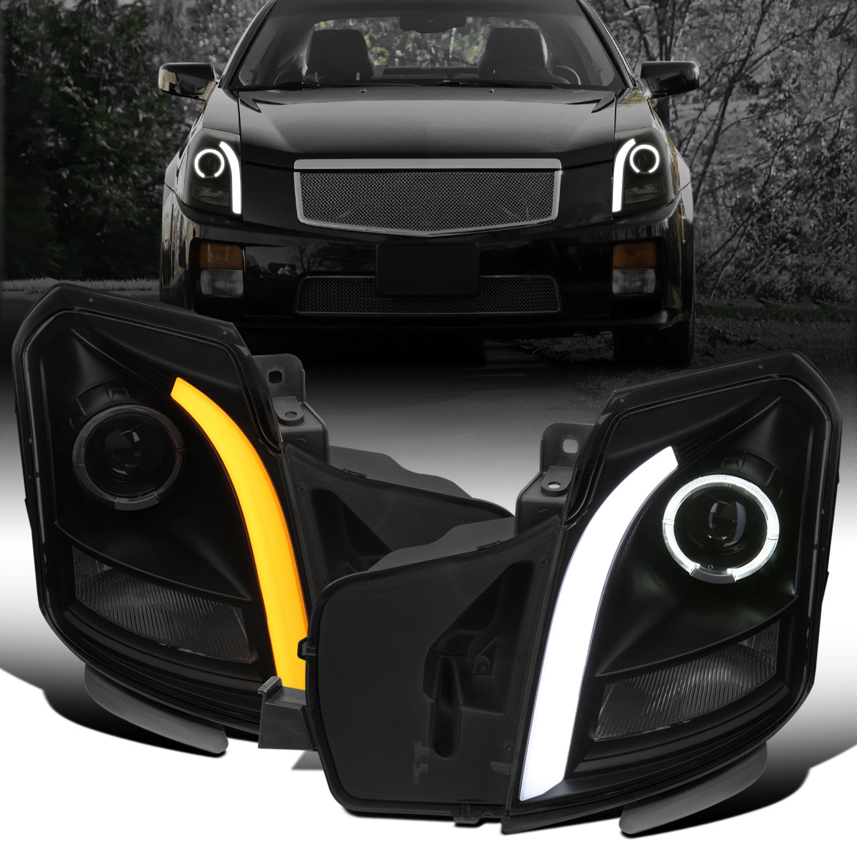 Ronnin - Fits 2003-2007 Cadillac CTS Upgraded Replacement LED Tube Switchback Sequential Turn Signal Halogen Projector Headlights Assembly Pair | Black Smoke