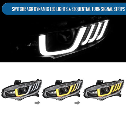 Ronnin - Fits 2016-2021 Honda Civic Halogen Projector High/Low Beam Headlights LED Switchback Sequential Signal + Animated Startup Effect Parking Assembly Pair | Black