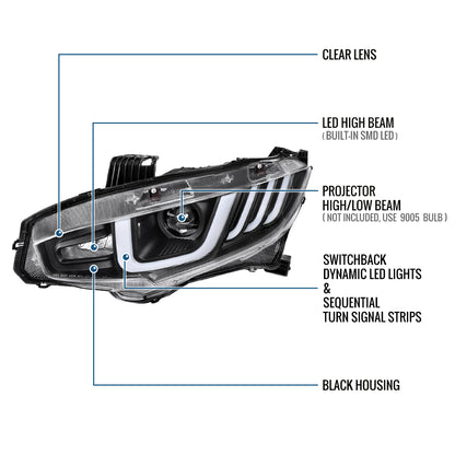 Ronnin - Fits 2016-2021 Honda Civic Halogen Projector High/Low Beam Headlights LED Switchback Sequential Signal + Animated Startup Effect Parking Assembly Pair | Black