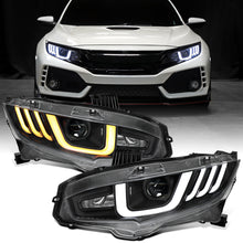 Ronnin - Fits 2016-2021 Honda Civic Halogen Projector High/Low Beam Headlights LED Switchback Sequential Signal + Animated Startup Effect Parking Assembly Pair | Black