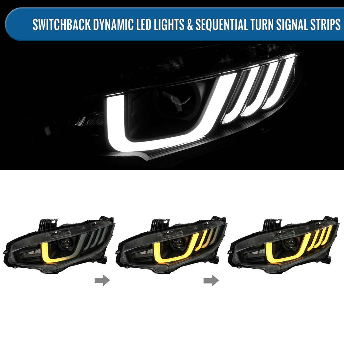 Ronnin - Fits 2016-2021 Honda Civic Halogen Projector High/Low Beam Headlights LED Switchback Sequential Signal + Animated Startup Effect Parking Assembly Pair | Black Smoke