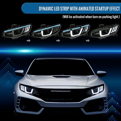 Ronnin - Fits 2016-2021 Honda Civic Halogen Projector High/Low Beam Headlights LED Switchback Sequential Signal + Animated Startup Effect Parking Assembly Pair | Black Smoke