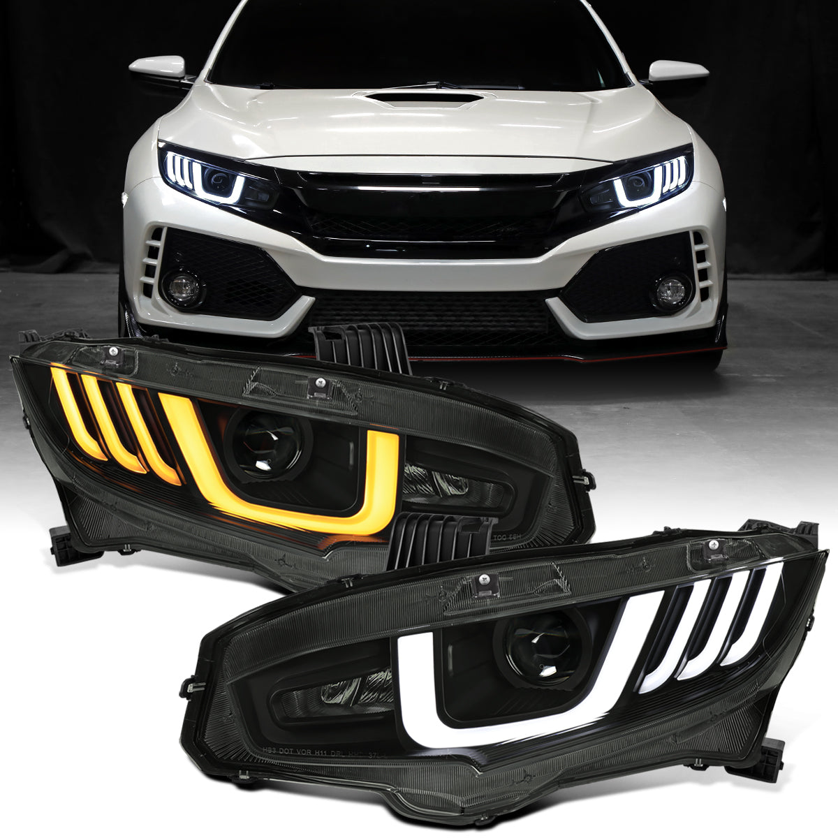 Ronnin - Fits 2016-2021 Honda Civic Halogen Projector High/Low Beam Headlights LED Switchback Sequential Signal + Animated Startup Effect Parking Assembly Pair | Black Smoke