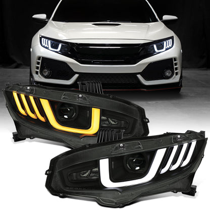 Ronnin - Fits 2016-2021 Honda Civic Halogen Projector High/Low Beam Headlights LED Switchback Sequential Signal + Animated Startup Effect Parking Assembly Pair | Black Smoke