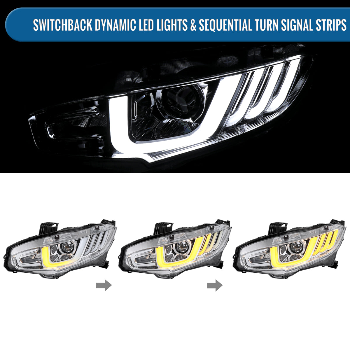 Ronnin - Fits 2016-2021 Honda Civic Halogen Projector High/Low Beam Headlights LED Switchback Sequential Signal + Animated Startup Effect Parking Assembly Pair | Chrome