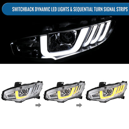 Ronnin - Fits 2016-2021 Honda Civic Halogen Projector High/Low Beam Headlights LED Switchback Sequential Signal + Animated Startup Effect Parking Assembly Pair | Chrome