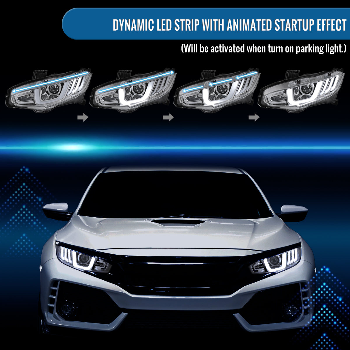 Ronnin - Fits 2016-2021 Honda Civic Halogen Projector High/Low Beam Headlights LED Switchback Sequential Signal + Animated Startup Effect Parking Assembly Pair | Chrome