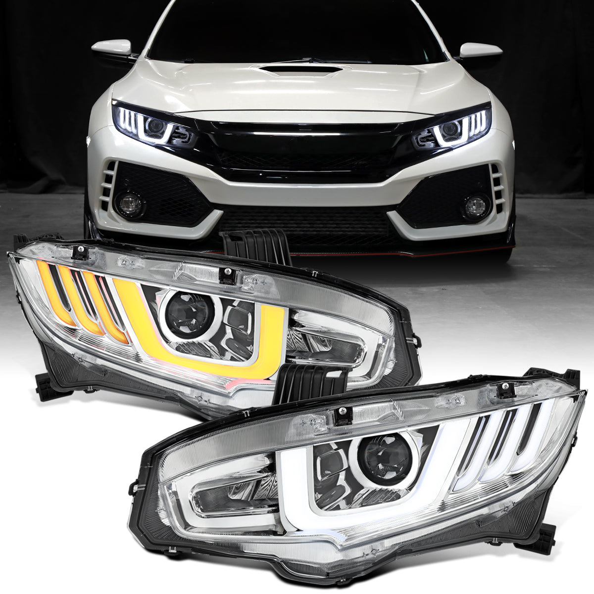 Ronnin - Fits 2016-2021 Honda Civic Halogen Projector High/Low Beam Headlights LED Switchback Sequential Signal + Animated Startup Effect Parking Assembly Pair | Chrome
