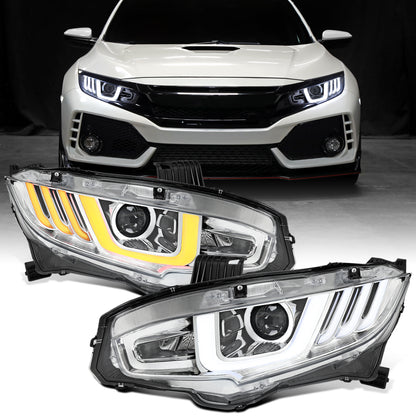 Ronnin - Fits 2016-2021 Honda Civic Halogen Projector High/Low Beam Headlights LED Switchback Sequential Signal + Animated Startup Effect Parking Assembly Pair | Chrome