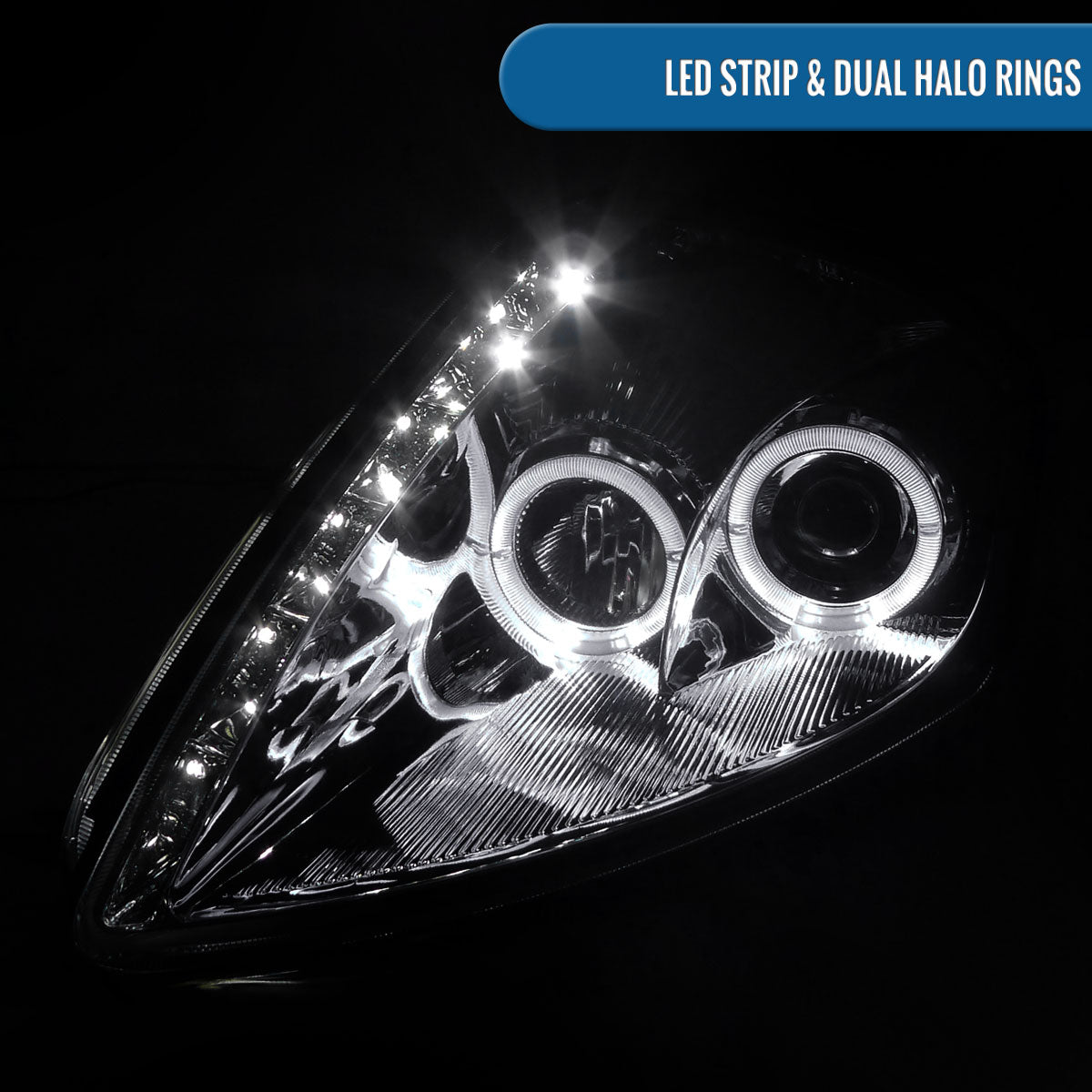Ronnin - Fits 2000-2005 Mitsubishi Eclipse Upgraded LED Strip Dual Halo Rims Running Lights Projector Headlights Assembly Pair | Chrome