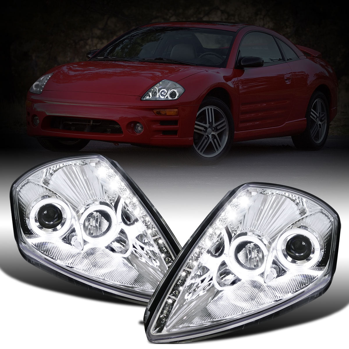 Ronnin - Fits 2000-2005 Mitsubishi Eclipse Upgraded LED Strip Dual Halo Rims Running Lights Projector Headlights Assembly Pair | Chrome