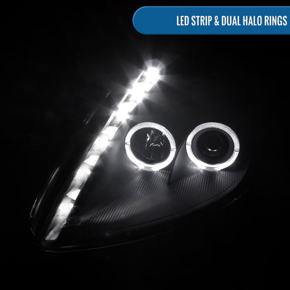 Ronnin - Fits 2000-2005 Mitsubishi Eclipse Upgraded LED Strip Dual Halo Rims Running Lights Projector Headlights Assembly Pair | Black