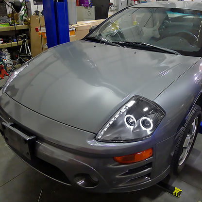 Ronnin - Fits 2000-2005 Mitsubishi Eclipse Upgraded LED Strip Dual Halo Rims Running Lights Projector Headlights Assembly Pair | Black