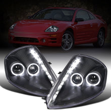Ronnin - Fits 2000-2005 Mitsubishi Eclipse Upgraded LED Strip Dual Halo Rims Running Lights Projector Headlights Assembly Pair | Black