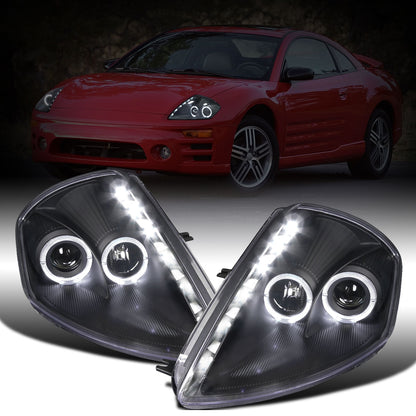 Ronnin - Fits 2000-2005 Mitsubishi Eclipse Upgraded LED Strip Dual Halo Rims Running Lights Projector Headlights Assembly Pair | Black