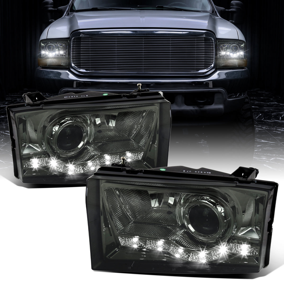 1999-2004 Ford F250 F350 F450 F550 Super Duty 2000-2004 Ford Excursion LED Projector Halogen Headlights Assembly Pair | Smoke