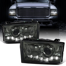 1999-2004 Ford F250 F350 F450 F550 Super Duty 2000-2004 Ford Excursion LED Projector Halogen Headlights Assembly Pair | Smoke