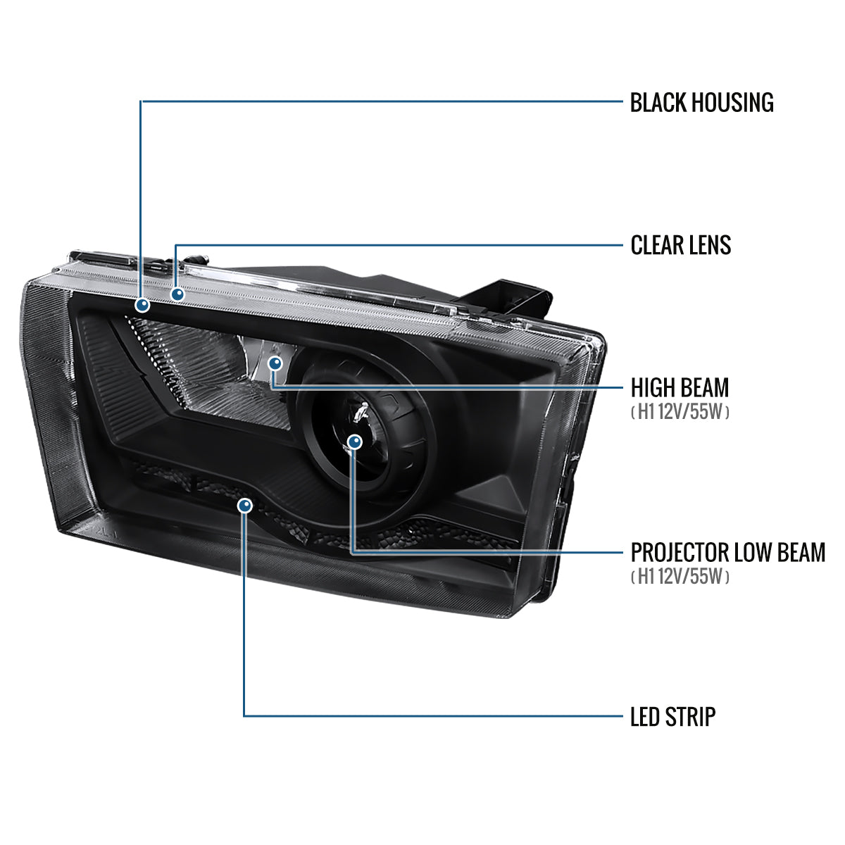 1999-2004 Ford F250 F350 F450 F550 Super Duty 2000-2004 Ford Excursion LED Projector Halogen Headlights Assembly Pair | Black