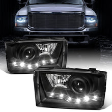 1999-2004 Ford F250 F350 F450 F550 Super Duty 2000-2004 Ford Excursion LED Projector Halogen Headlights Assembly Pair | Black