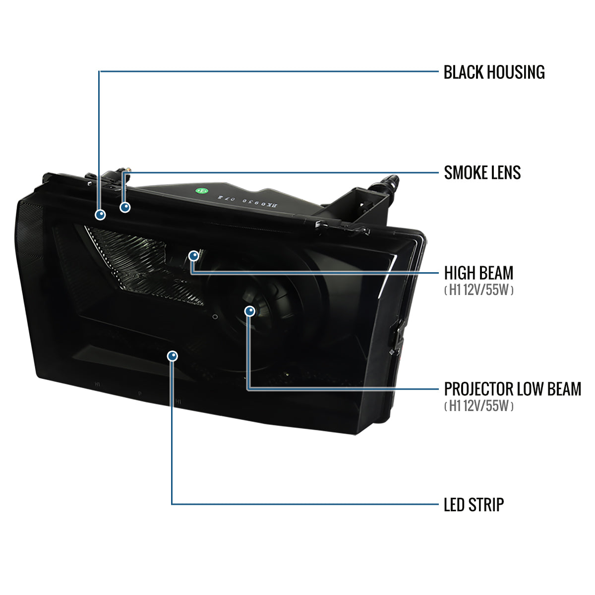 1999-2004 Ford F250 F350 F450 F550 Super Duty 2000-2004 Ford Excursion LED Projector Halogen Headlights Assembly Pair | Black Smoke