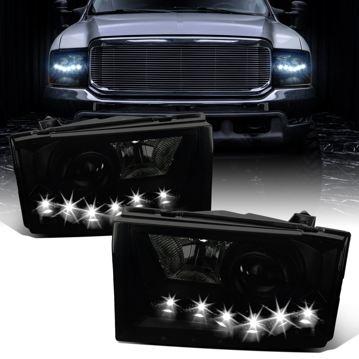 1999-2004 Ford F250 F350 F450 F550 Super Duty 2000-2004 Ford Excursion LED Projector Halogen Headlights Assembly Pair | Black Smoke
