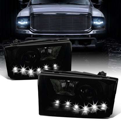 1999-2004 Ford F250 F350 F450 F550 Super Duty 2000-2004 Ford Excursion LED Projector Halogen Headlights Assembly Pair | Black Smoke