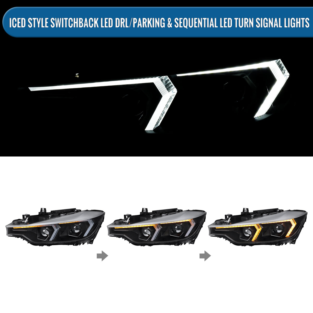 2012-2015 BMW F30 3 Series Sedan 328i 335i 320i DRL LED Tube Dual Projector Halogen Headlights Switchback Sequential Signal + Animated Startup Pair | Silver Eyelid Black