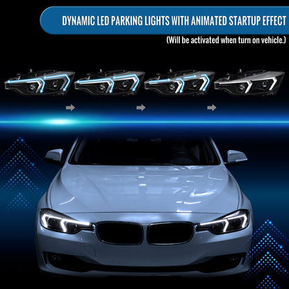 2012-2015 BMW F30 3 Series Sedan 328i 335i 320i DRL LED Tube Dual Projector Halogen Headlights Switchback Sequential Signal + Animated Startup Pair | Silver Eyelid Black