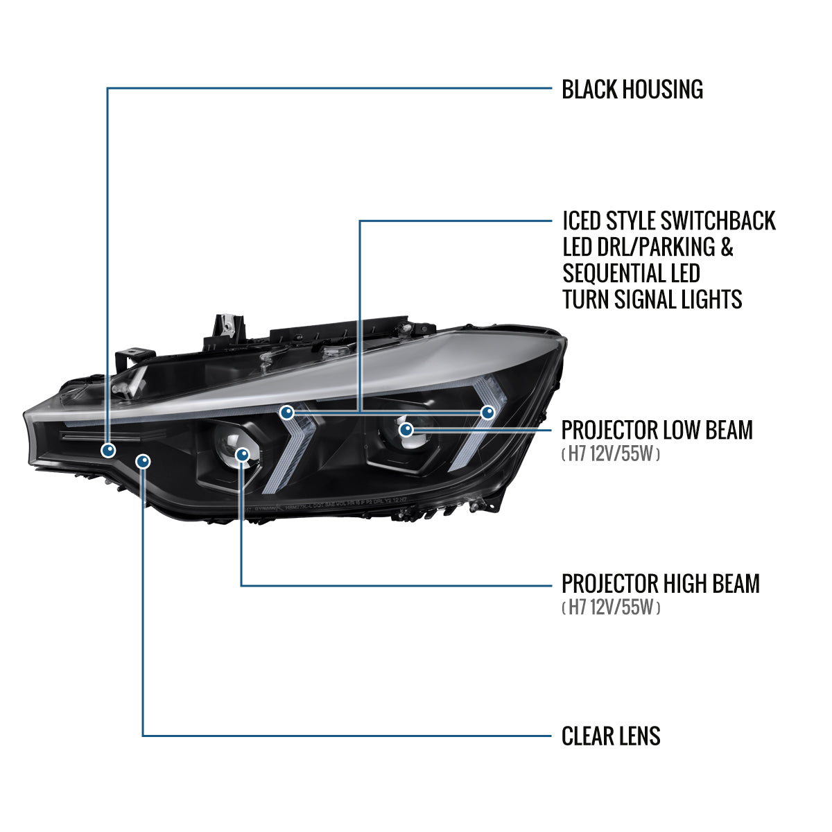 2012-2015 BMW F30 3 Series Sedan 328i 335i 320i DRL LED Tube Dual Projector Halogen Headlights Switchback Sequential Signal + Animated Startup Pair | Silver Eyelid Black