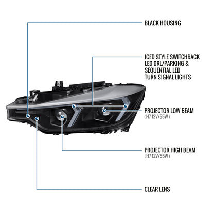 2012-2015 BMW F30 3 Series Sedan 328i 335i 320i DRL LED Tube Dual Projector Halogen Headlights Switchback Sequential Signal + Animated Startup Pair | Silver Eyelid Black