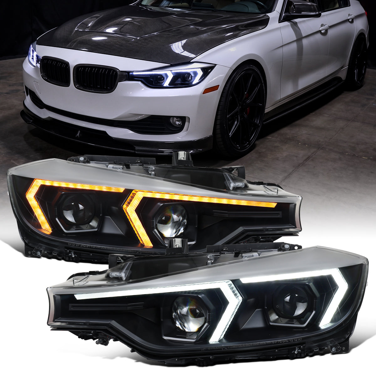 2012-2015 BMW F30 3 Series Sedan 328i 335i 320i DRL LED Tube Dual Projector Halogen Headlights Switchback Sequential Signal + Animated Startup Pair | Silver Eyelid Black
