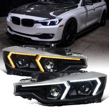 2012-2015 BMW F30 3 Series Sedan 328i 335i 320i DRL LED Tube Dual Projector Halogen Headlights Switchback Sequential Signal + Animated Startup Pair | Silver Eyelid Black