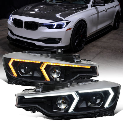 2012-2015 BMW F30 3 Series Sedan 328i 335i 320i DRL LED Tube Dual Projector Halogen Headlights Switchback Sequential Signal + Animated Startup Pair | Silver Eyelid Black