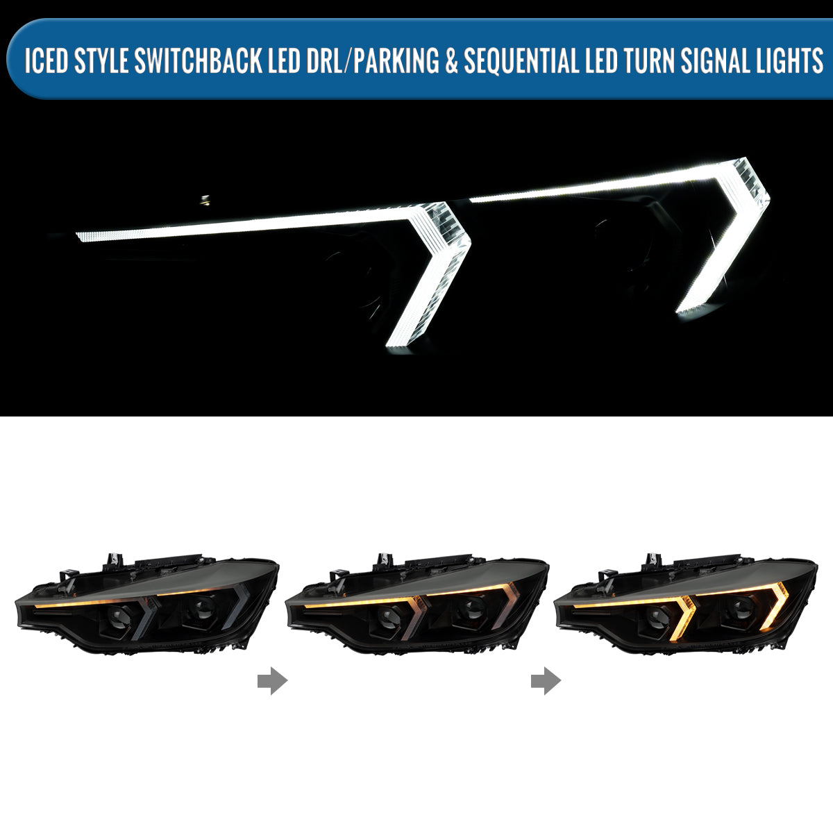 2012-2015 BMW F30 3 Series Sedan 328i 335i 320i DRL LED Tube Dual Projector Halogen Headlights Switchback Sequential Signal + Animated Startup Pair | Silver Eyelid Black Smoke