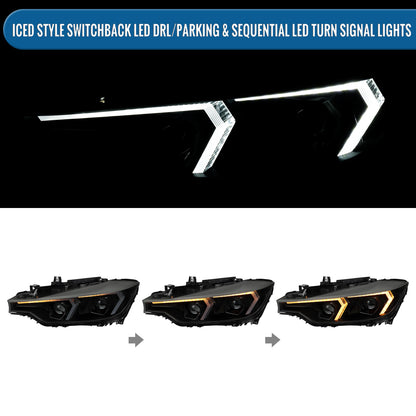 2012-2015 BMW F30 3 Series Sedan 328i 335i 320i DRL LED Tube Dual Projector Halogen Headlights Switchback Sequential Signal + Animated Startup Pair | Silver Eyelid Black Smoke