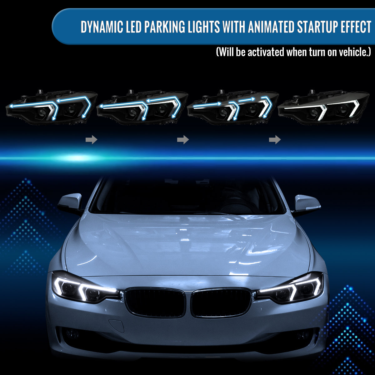 2012-2015 BMW F30 3 Series Sedan 328i 335i 320i DRL LED Tube Dual Projector Halogen Headlights Switchback Sequential Signal + Animated Startup Pair | Silver Eyelid Black Smoke