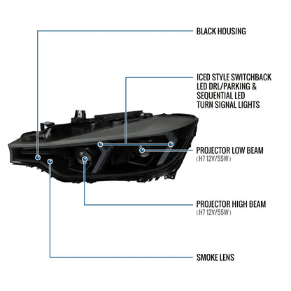 2012-2015 BMW F30 3 Series Sedan 328i 335i 320i DRL LED Tube Dual Projector Halogen Headlights Switchback Sequential Signal + Animated Startup Pair | Silver Eyelid Black Smoke