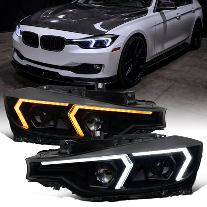 2012-2015 BMW F30 3 Series Sedan 328i 335i 320i DRL LED Tube Dual Projector Halogen Headlights Switchback Sequential Signal + Animated Startup Pair | Silver Eyelid Black Smoke
