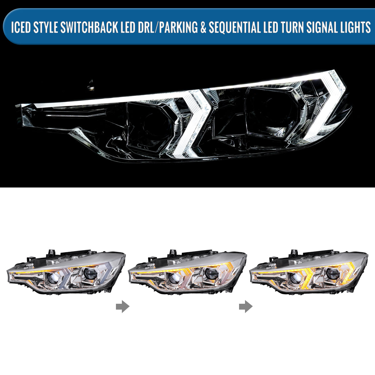 2012-2015 BMW F30 3 Series Sedan 328i 335i 320i DRL LED Tube Dual Projector Halogen Headlights Switchback Sequential Signal + Animated Startup Pair | Silver Eyelid Chrome