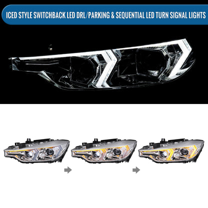 2012-2015 BMW F30 3 Series Sedan 328i 335i 320i DRL LED Tube Dual Projector Halogen Headlights Switchback Sequential Signal + Animated Startup Pair | Silver Eyelid Chrome