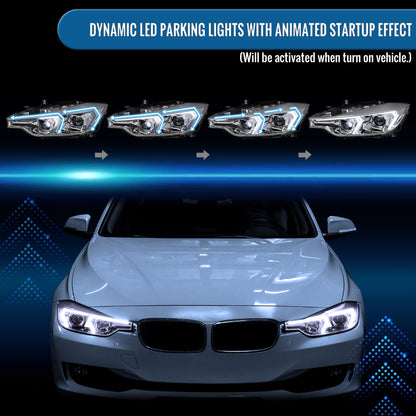2012-2015 BMW F30 3 Series Sedan 328i 335i 320i DRL LED Tube Dual Projector Halogen Headlights Switchback Sequential Signal + Animated Startup Pair | Silver Eyelid Chrome