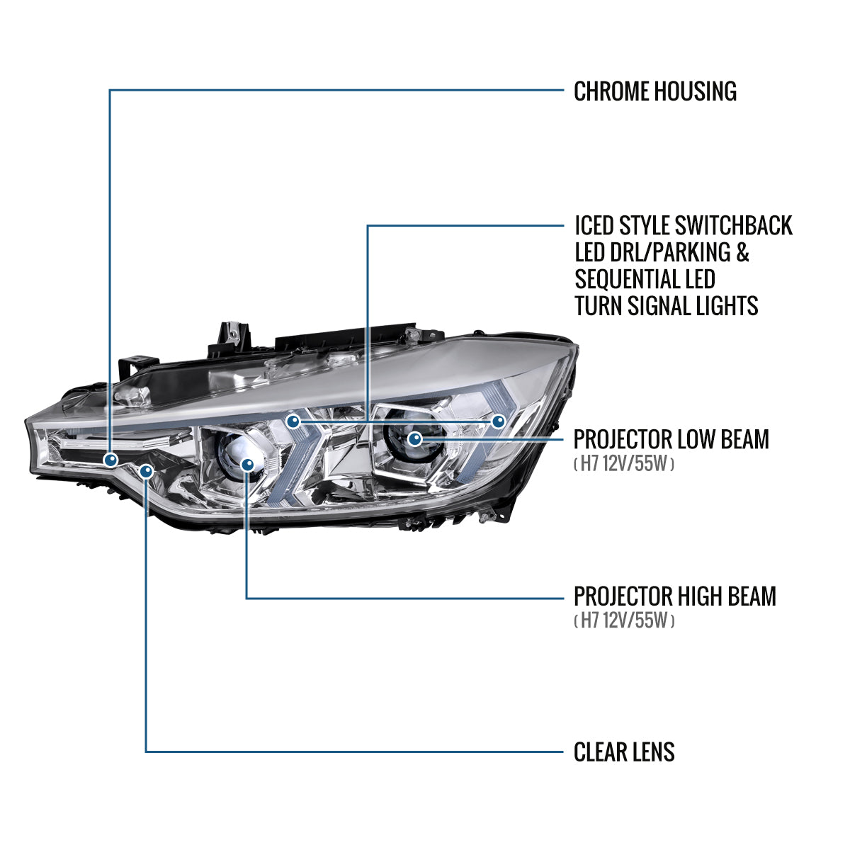 2012-2015 BMW F30 3 Series Sedan 328i 335i 320i DRL LED Tube Dual Projector Halogen Headlights Switchback Sequential Signal + Animated Startup Pair | Silver Eyelid Chrome