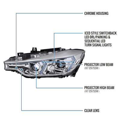 2012-2015 BMW F30 3 Series Sedan 328i 335i 320i DRL LED Tube Dual Projector Halogen Headlights Switchback Sequential Signal + Animated Startup Pair | Silver Eyelid Chrome