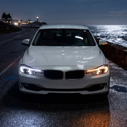 2012-2015 BMW F30 3 Series Sedan 328i 335i 320i DRL LED Tube Dual Projector Halogen Headlights Switchback Sequential Signal + Animated Startup Pair | Silver Eyelid Chrome