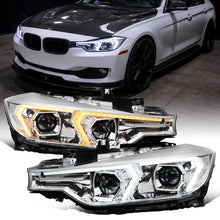 2012-2015 BMW F30 3 Series Sedan 328i 335i 320i DRL LED Tube Dual Projector Halogen Headlights Switchback Sequential Signal + Animated Startup Pair | Silver Eyelid Chrome