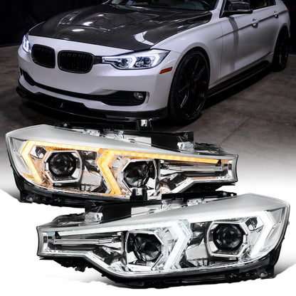 2012-2015 BMW F30 3 Series Sedan 328i 335i 320i DRL LED Tube Dual Projector Halogen Headlights Switchback Sequential Signal + Animated Startup Pair | Silver Eyelid Chrome