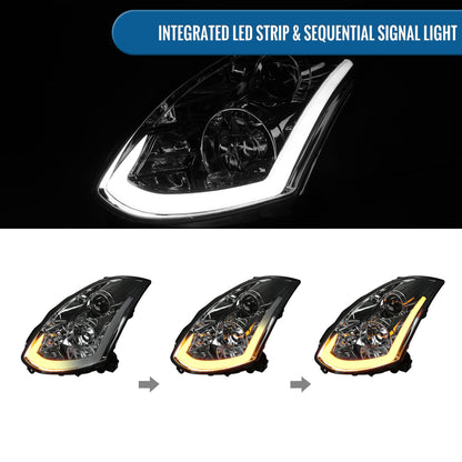 Ronnin - Fits 2003-2007 Infiniti G35 Coupe Upgraded Replacement LED Switchback Sequential Turn Signals Xenon HID Projector Headlights Assembly Pair | Smoke