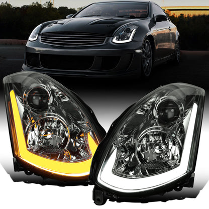 Ronnin - Fits 2003-2007 Infiniti G35 Coupe Upgraded Replacement LED Switchback Sequential Turn Signals Xenon HID Projector Headlights Assembly Pair | Smoke