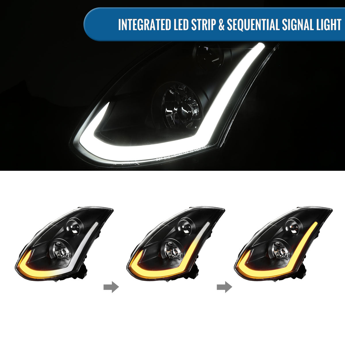 Ronnin - Fits 2003-2007 Infiniti G35 Coupe Upgraded Replacement LED Switchback Sequential Turn Signals Xenon HID Projector Headlights Assembly Pair | Black
