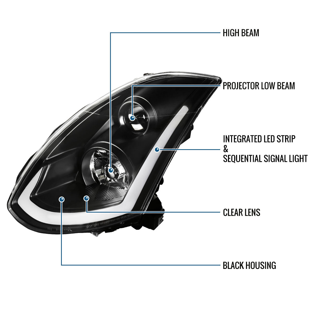 Ronnin - Fits 2003-2007 Infiniti G35 Coupe Upgraded Replacement LED Switchback Sequential Turn Signals Xenon HID Projector Headlights Assembly Pair | Black